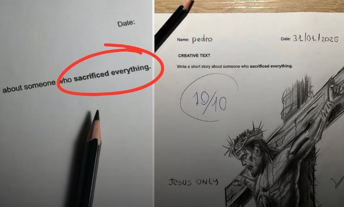 Umunyeshuri yujuje ikizamini cyo gushushanya nyuma yo guhitamo Yesu ari ku Musaraba 